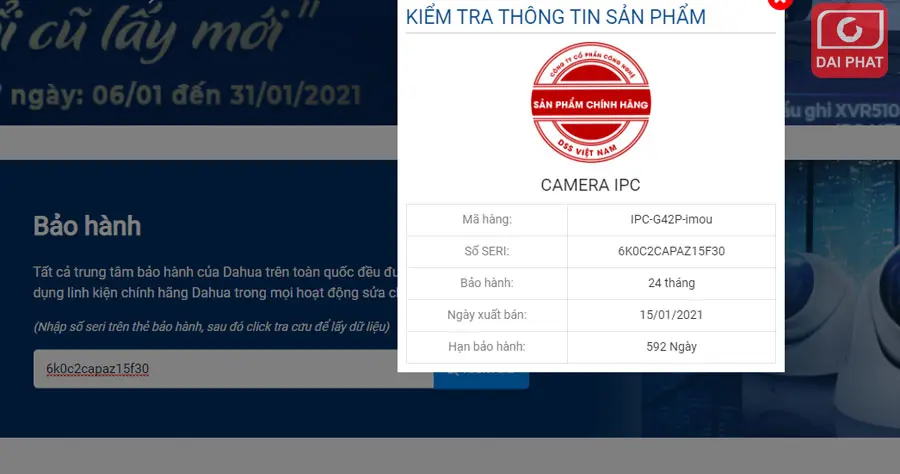 Kết quả check, kiểm tra bảo hành camera imou chính hãng tại Việt Nam