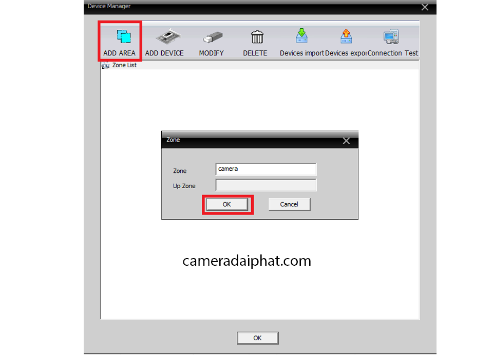 ADD AREA để xem cam