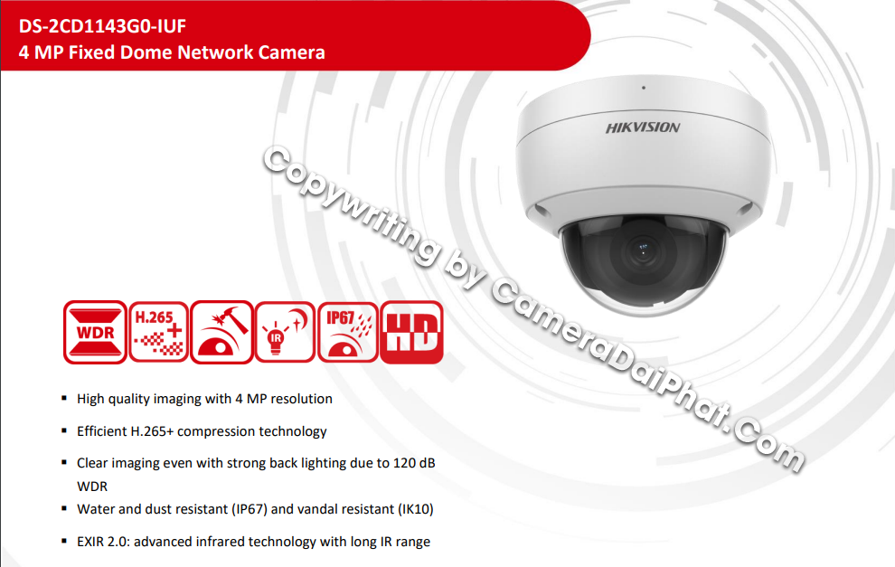 Camera IP Hikvision-4MP Dome, Ốp trần, Lắp trong nhà DS-2CD1143G0-IUF, Tích hợp thu âm.