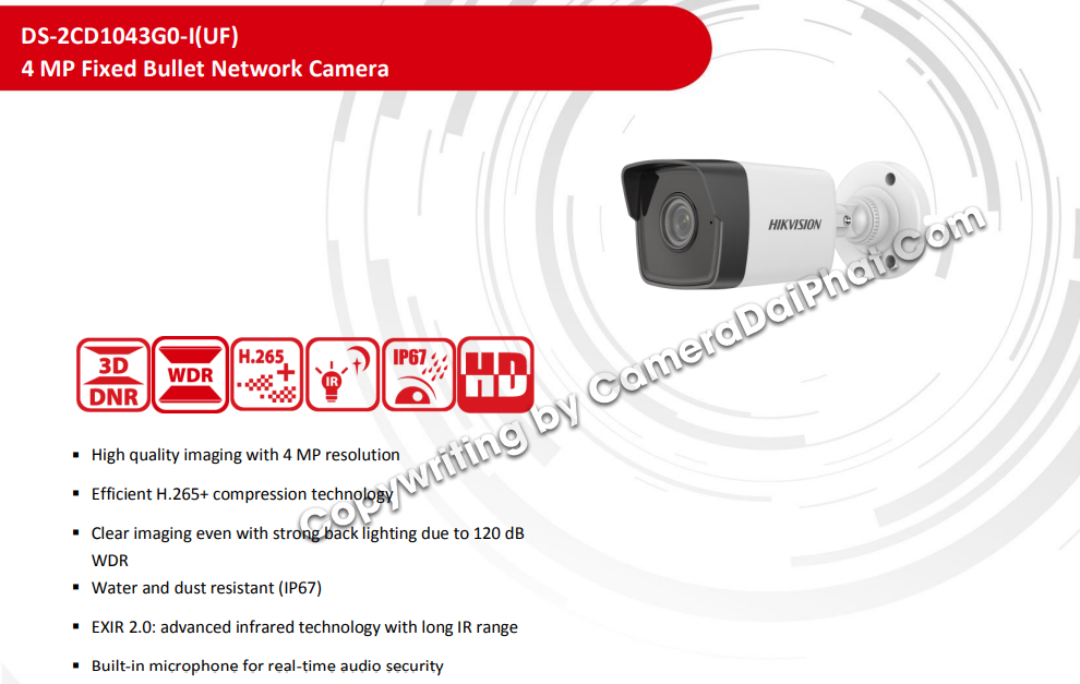 Camera IP Hikvision 4MP Thân trụ, lắp đặt ngoài trời, tích hợp thu âm.